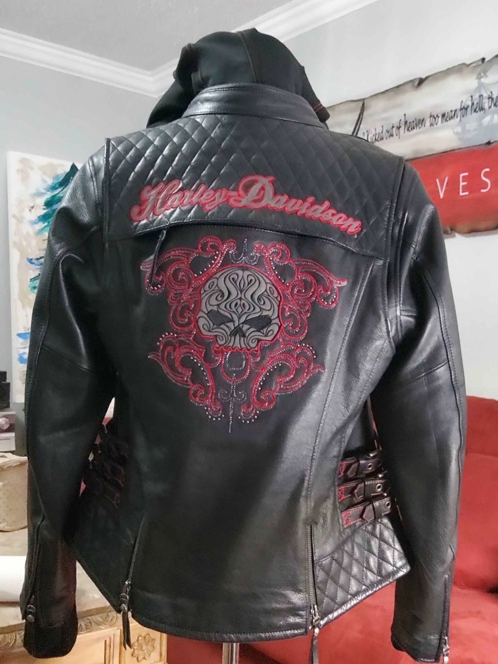 Harley-Davidson Black Leather Jacket with Red Embroidered Skull Motif